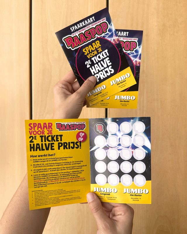 JUMBO PROMO // Voor deze toffe actie bij Jumbo hebben wij het actiemateriaal ontworpen en geproduceerd. Denk aan opvallende borden in het gangpad, vloerstickers en natuurlijk de spaarkaart zelf.

Klanten sparen voor 50% korting op een ticket naar Baaspop – en wij zijn trots dat we dit mochten realiseren 🎉 Spaar jij ook al mee?

📍 Haal je spaarkaart in Jumbo Bodegraven (Raadhuisplein en Broekvelden) en Jumbo Reeuwijk

@jumbobodegraven @jumboreeuwijk